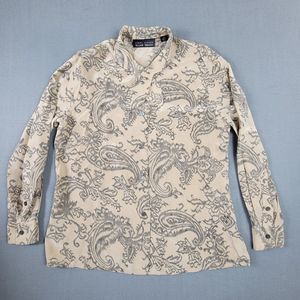 Linda Allard Ellen Tracy Blouse Womens 12 Ivory Long Sleeve Paisley 100% Silk